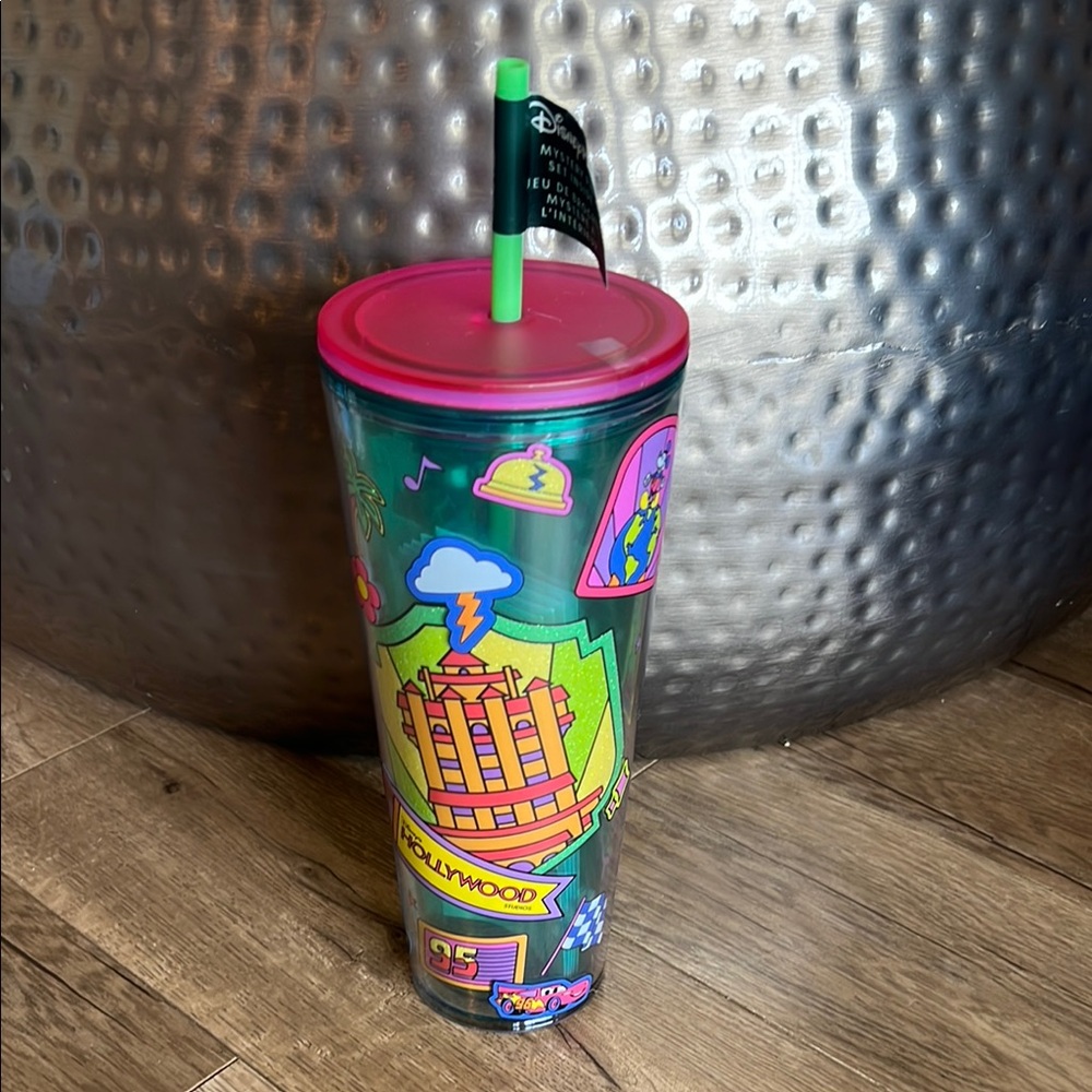 Starbucks Neon Pink Lid Green Straw Multicolor Sticker Tumbler. **NO PINS**